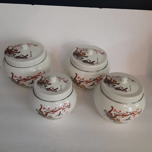 Vintage Plum Flower & Bird of Paradise Metal Cannister set Handpainted Enamel